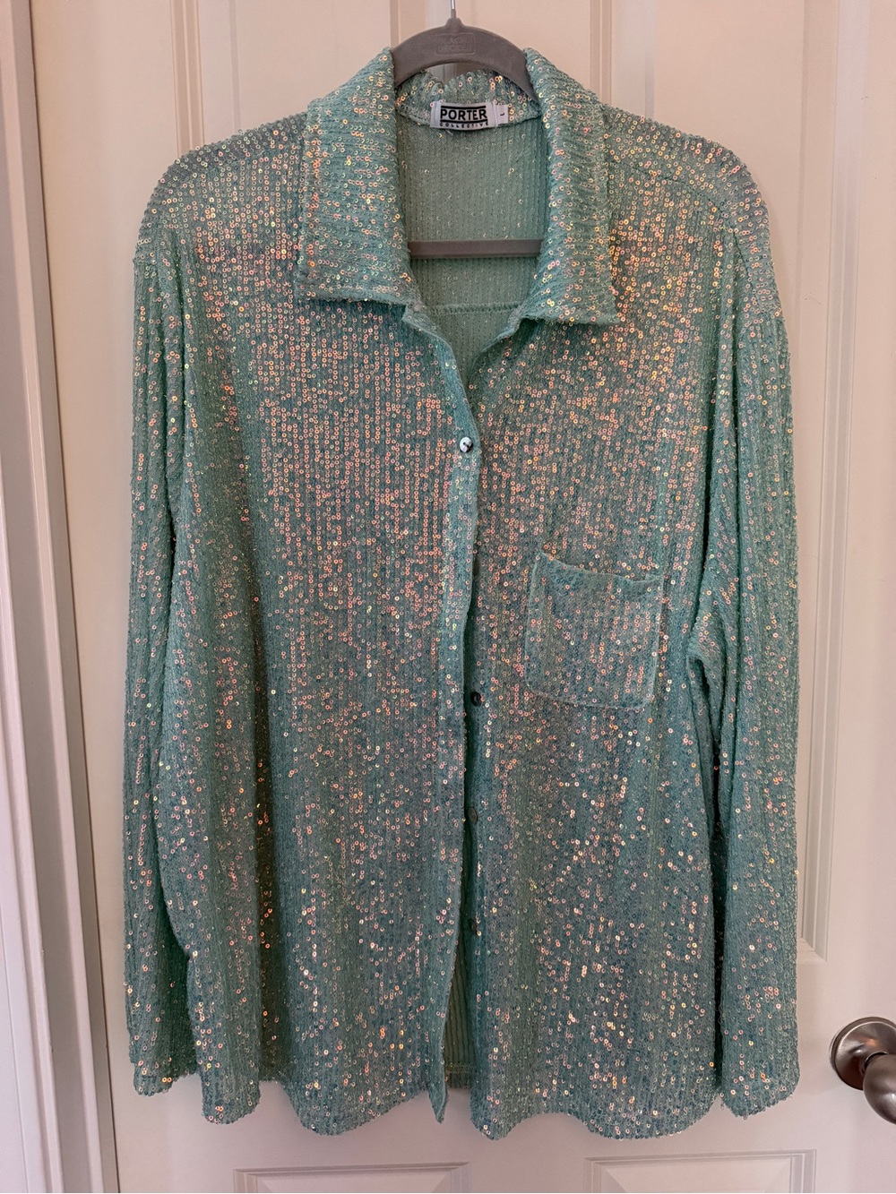 Porter Mint Green Sequin Button-Up Top